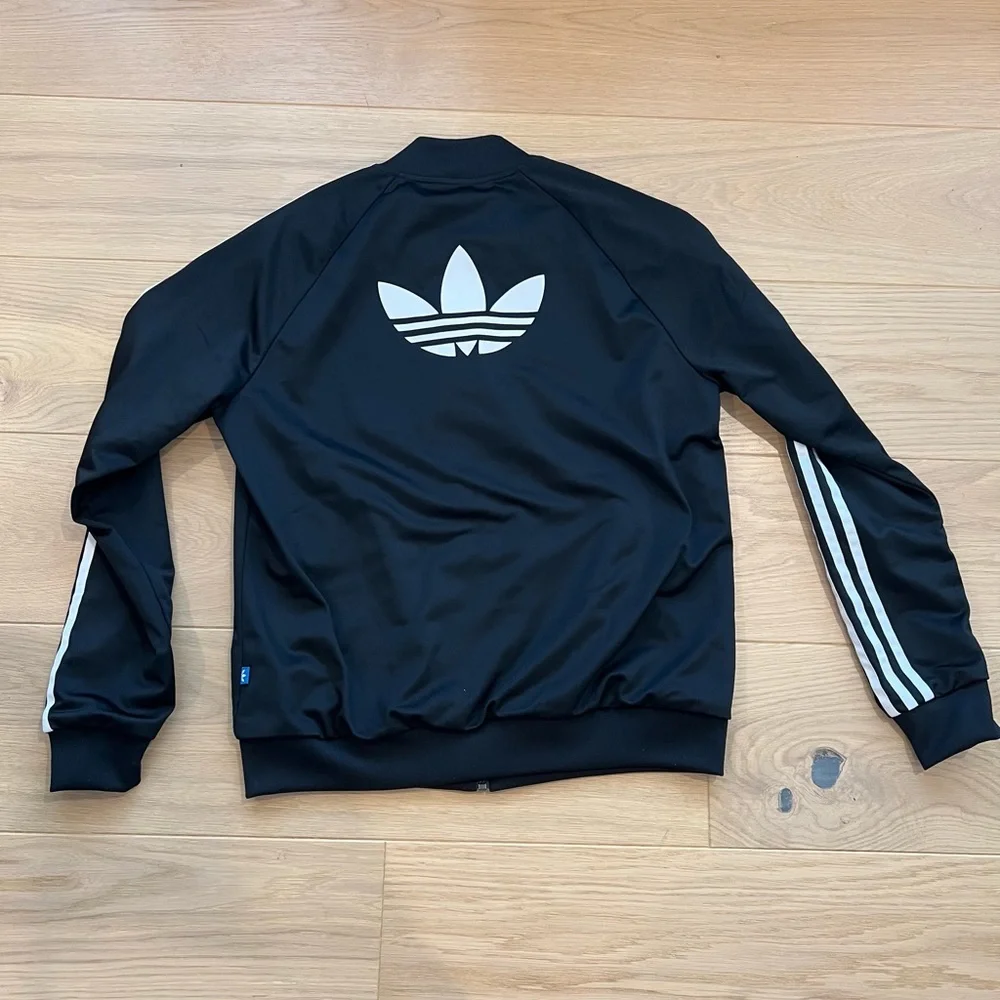 Adidas zip up jacket size M like new black with white stripes - Picture 2 of 6